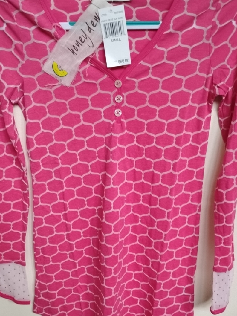 D- NWT Honeydew Intimates Hot Pink Geometric Henley Top - Picture 4 of 12